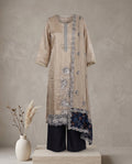 Beige & Navy Blue Glass Tissue Applique and Stone Work Set with Dupatta - Straight Palazzo