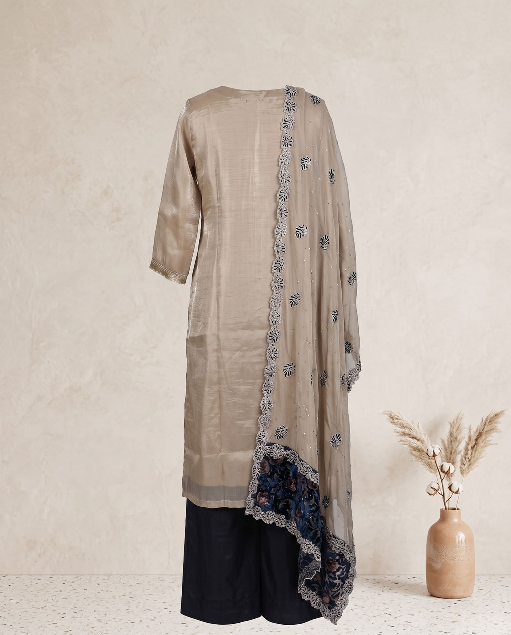 Beige & Navy Blue Glass Tissue Applique and Stone Work Set with Dupatta - Straight Palazzo