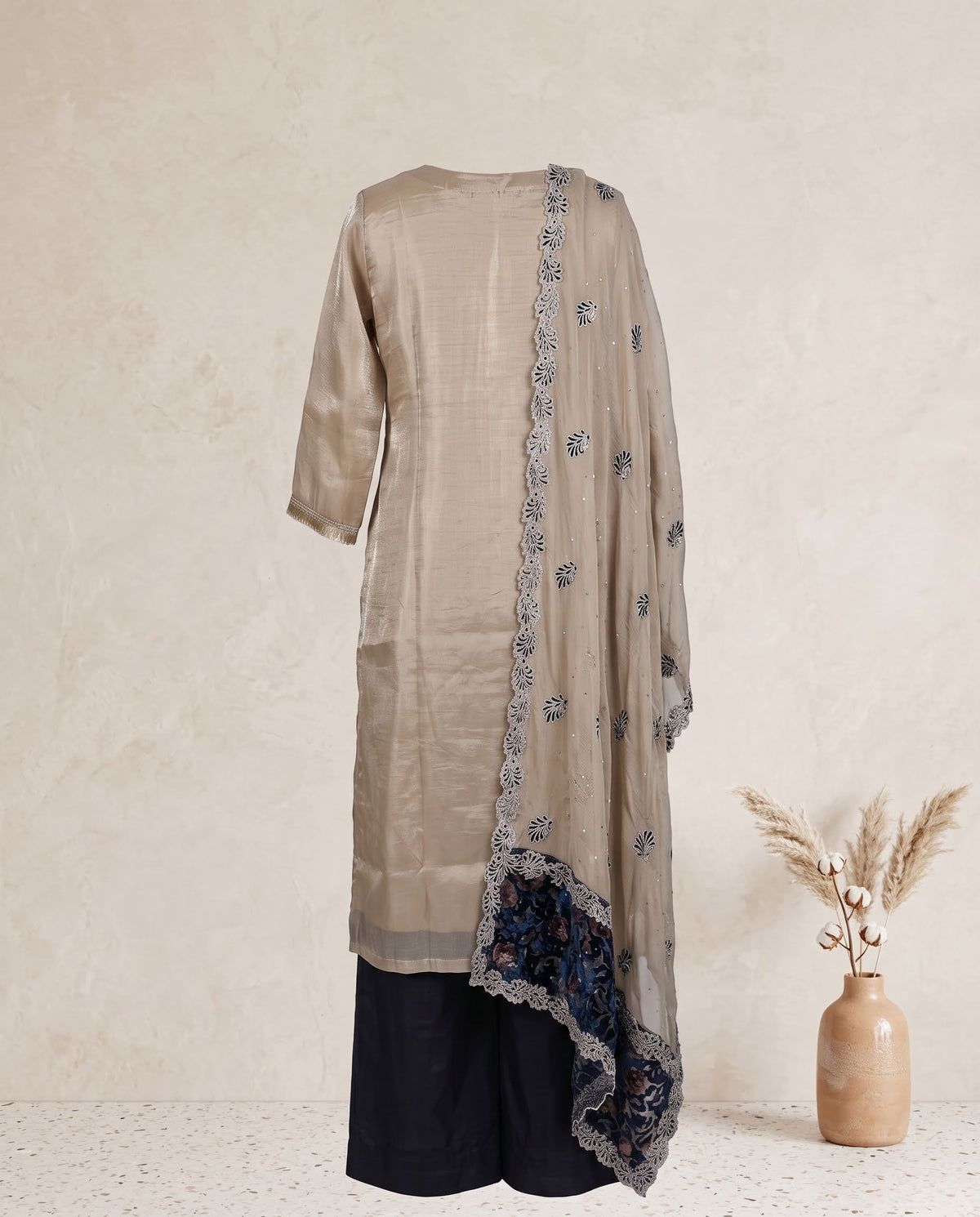 Beige & Navy Blue Glass Tissue Applique and Stone Work Set with Dupatta - Straight Palazzo