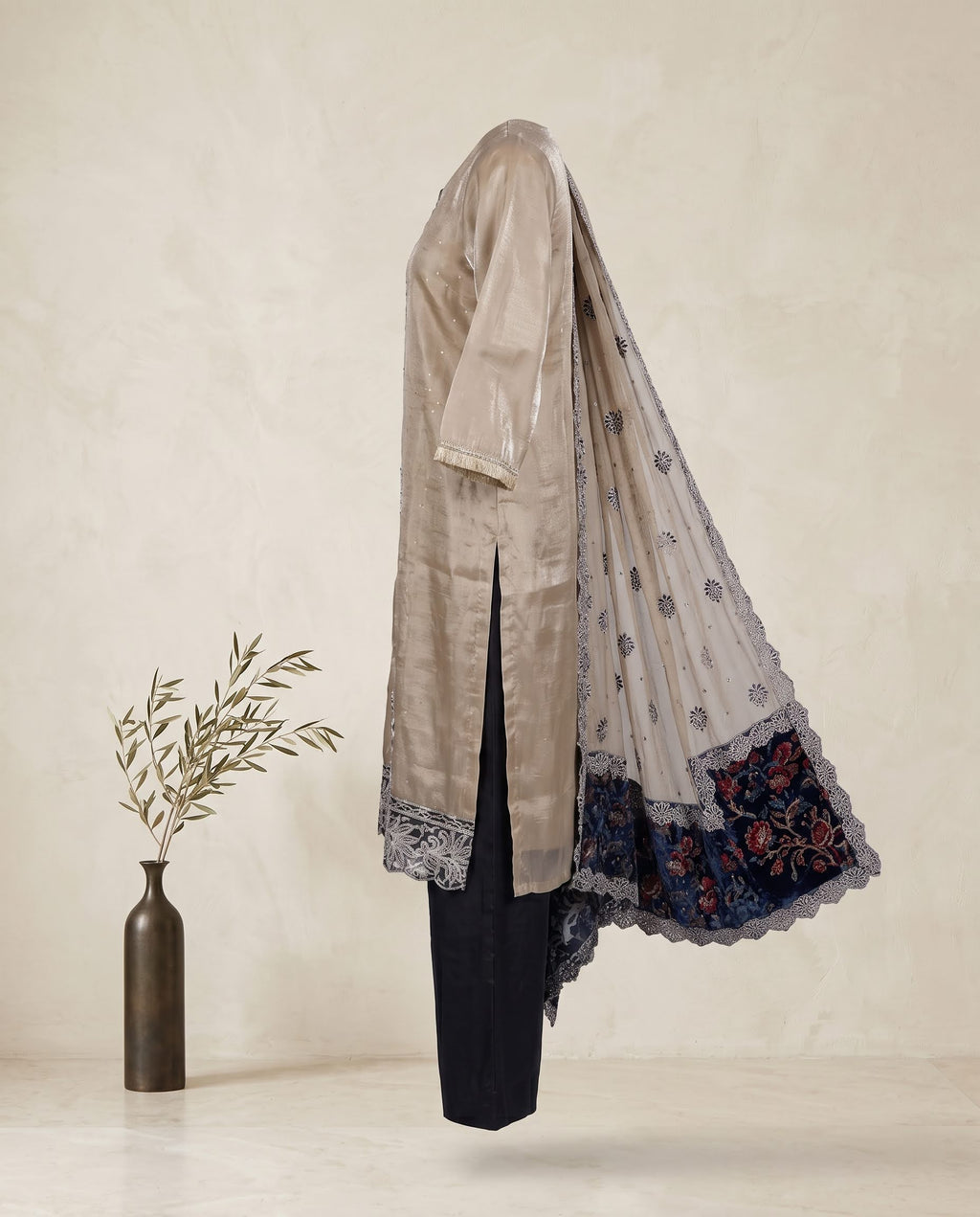 Beige & Navy Blue Glass Tissue Applique and Stone Work Set with Dupatta - Straight Palazzo