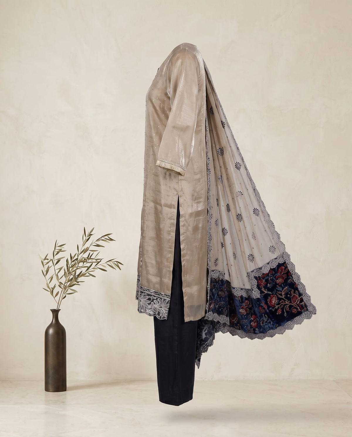 Beige & Navy Blue Glass Tissue Applique and Stone Work Set with Dupatta - Straight Palazzo