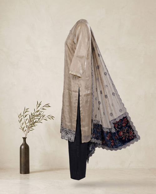 Beige & Navy Blue Glass Tissue Applique and Stone Work Set with Dupatta - Straight Palazzo