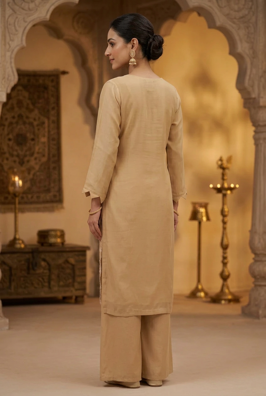 Rusty Orange Chiffon Self coloured Embroidered Set with Dupatta - Flare Palazzo