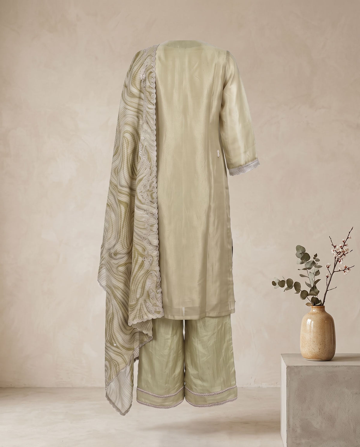 Gold Green Tissue Appliqué work Set With Dupatta - Wide-Legged Palazzo