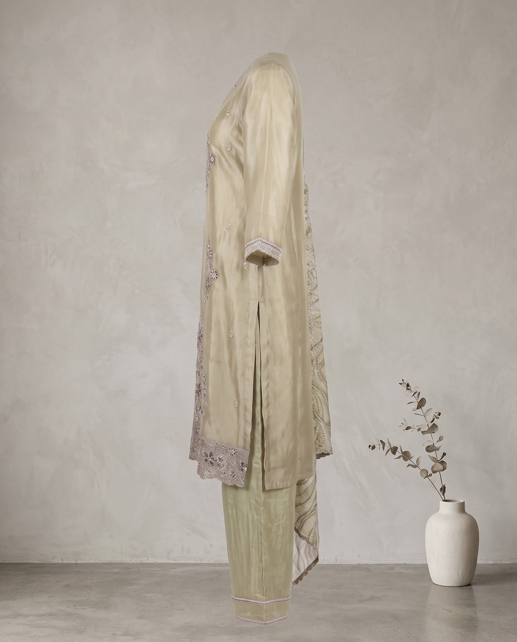 Gold Green Tissue Appliqué work Set With Dupatta - Wide-Legged Palazzo
