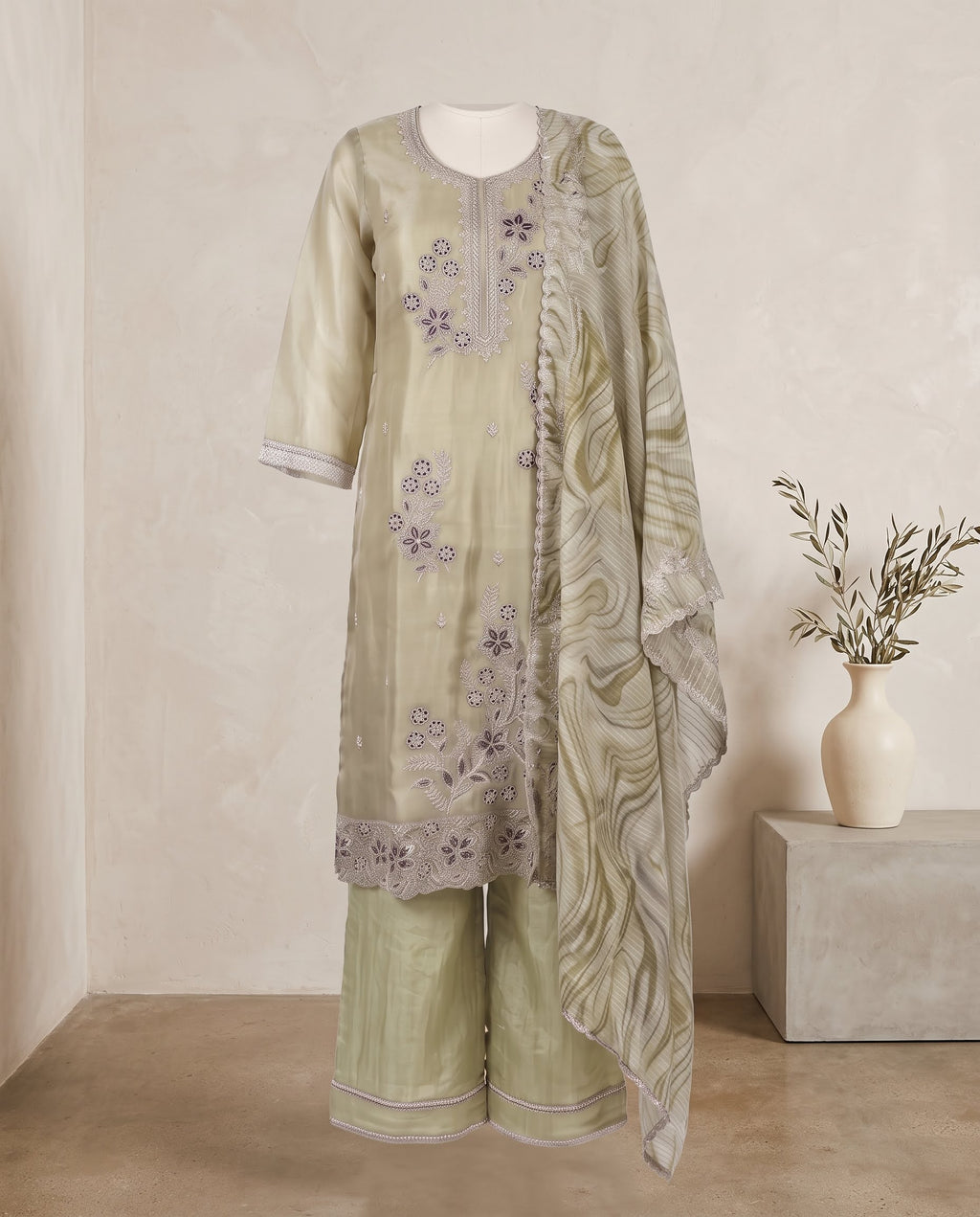 Gold Green Tissue Appliqué work Set With Dupatta - Wide-Legged Palazzo