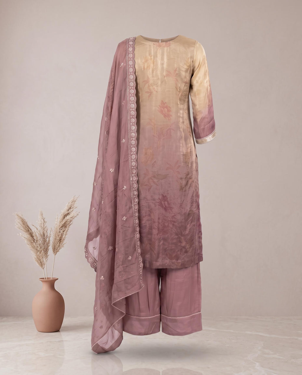 Shaded Mauve And Gold hand Embroidered Suit with Dupatta – Farsi Salwar