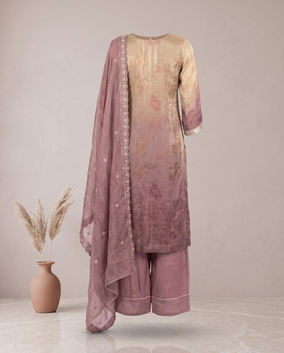 Shaded Mauve And Gold hand Embroidered Suit with Dupatta – Farsi Salwar
