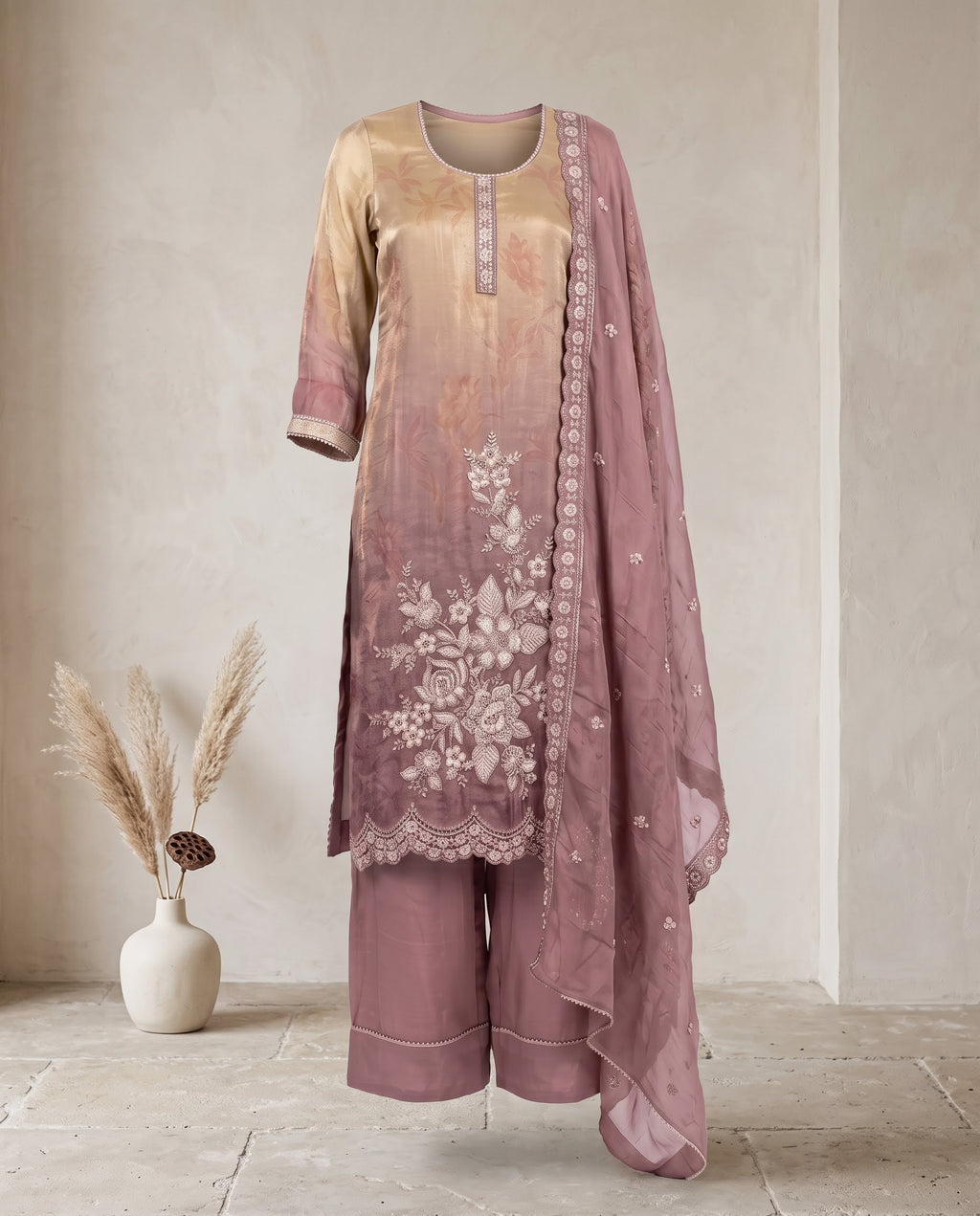 Shaded Mauve And Gold hand Embroidered Suit with Dupatta – Farsi Salwar
