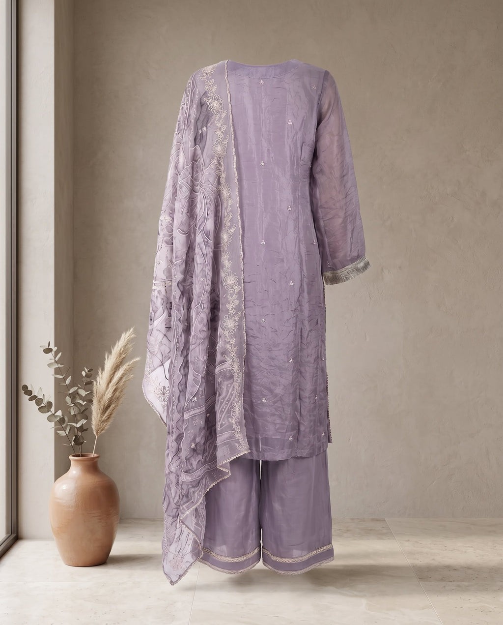 Dull Lavender Applique Work Set With Dupatta – Wide-Legged Palazzo