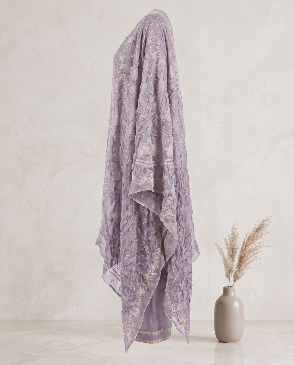 Dull Lavender Applique Work Set With Dupatta – Wide-Legged Palazzo