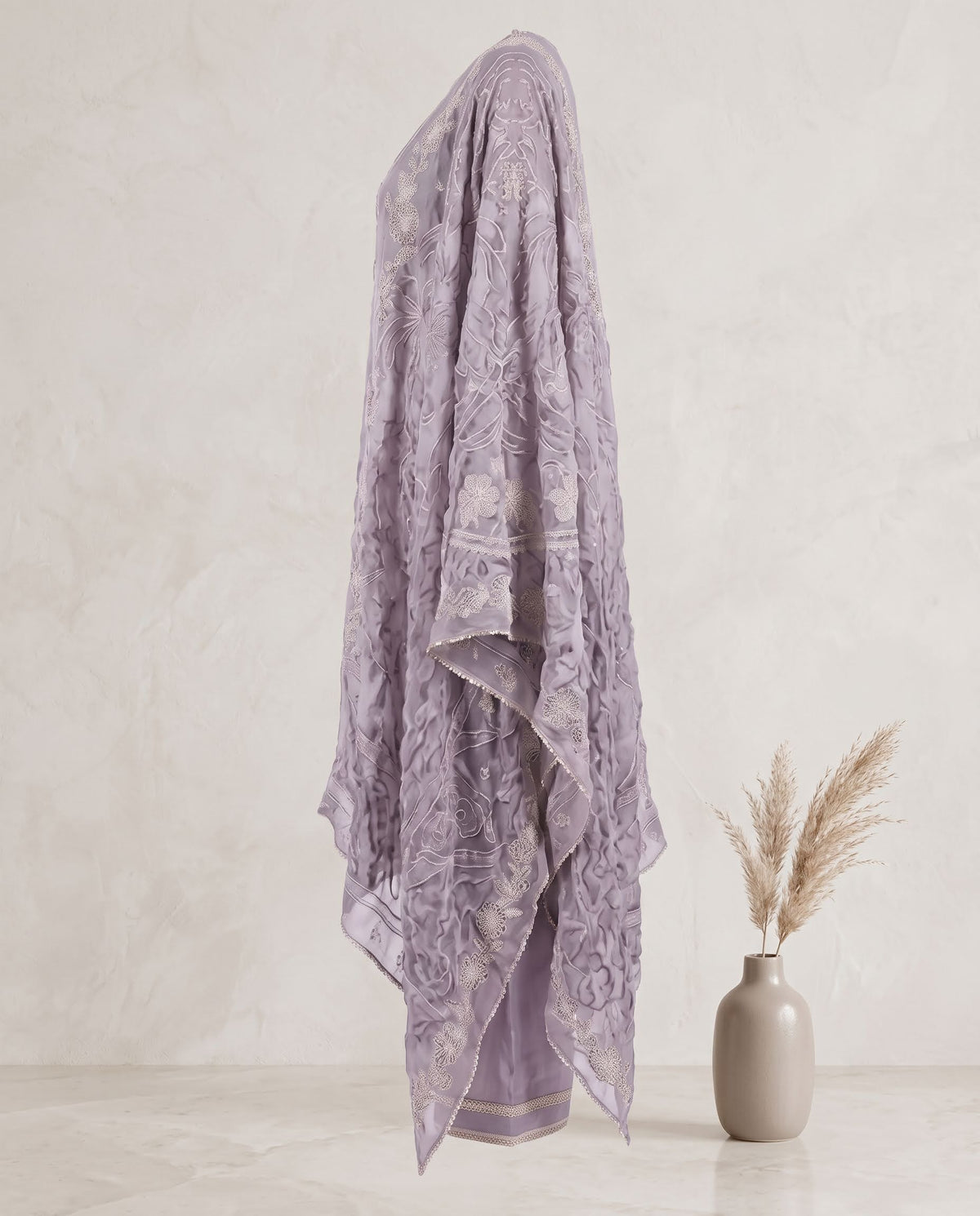 Dull Lavender Applique Work Set With Dupatta – Wide-Legged Palazzo