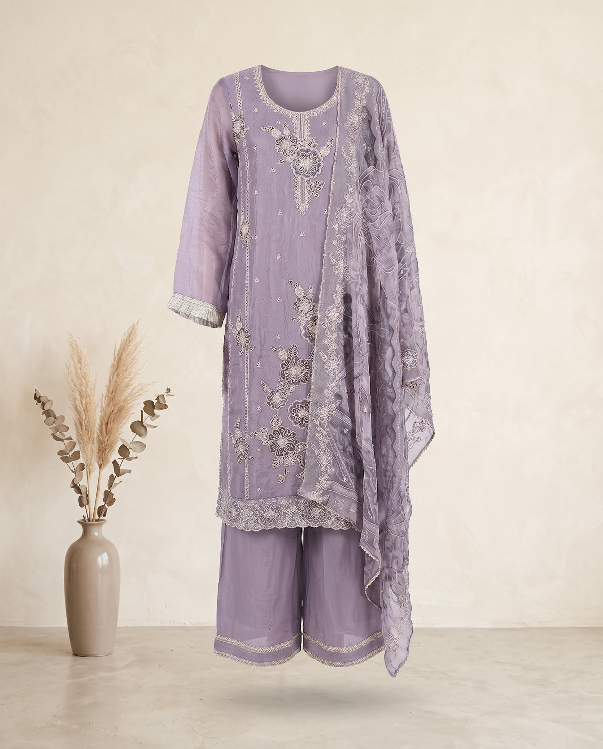 Dull Lavender Applique Work Set With Dupatta – Wide-Legged Palazzo