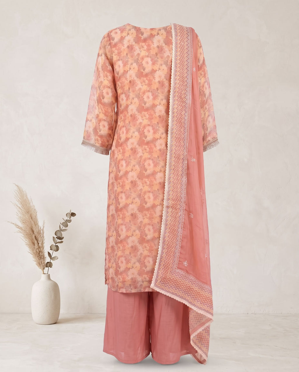 Salmon Pink Cotton Net Printed embroidered Set With Dupatta – Flare Palazzo