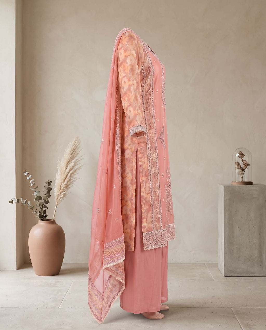 Salmon Pink Cotton Net Printed embroidered Set With Dupatta – Flare Palazzo