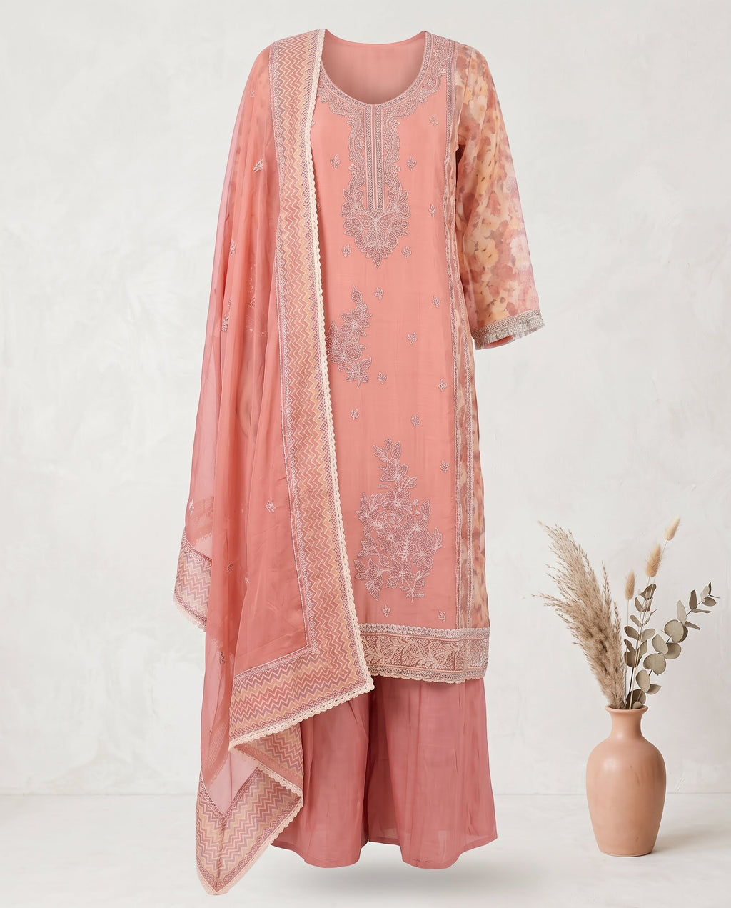 Salmon Pink Cotton Net Printed embroidered Set With Dupatta – Flare Palazzo