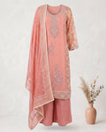 Salmon Pink Cotton Net Printed embroidered Set With Dupatta – Flare Palazzo