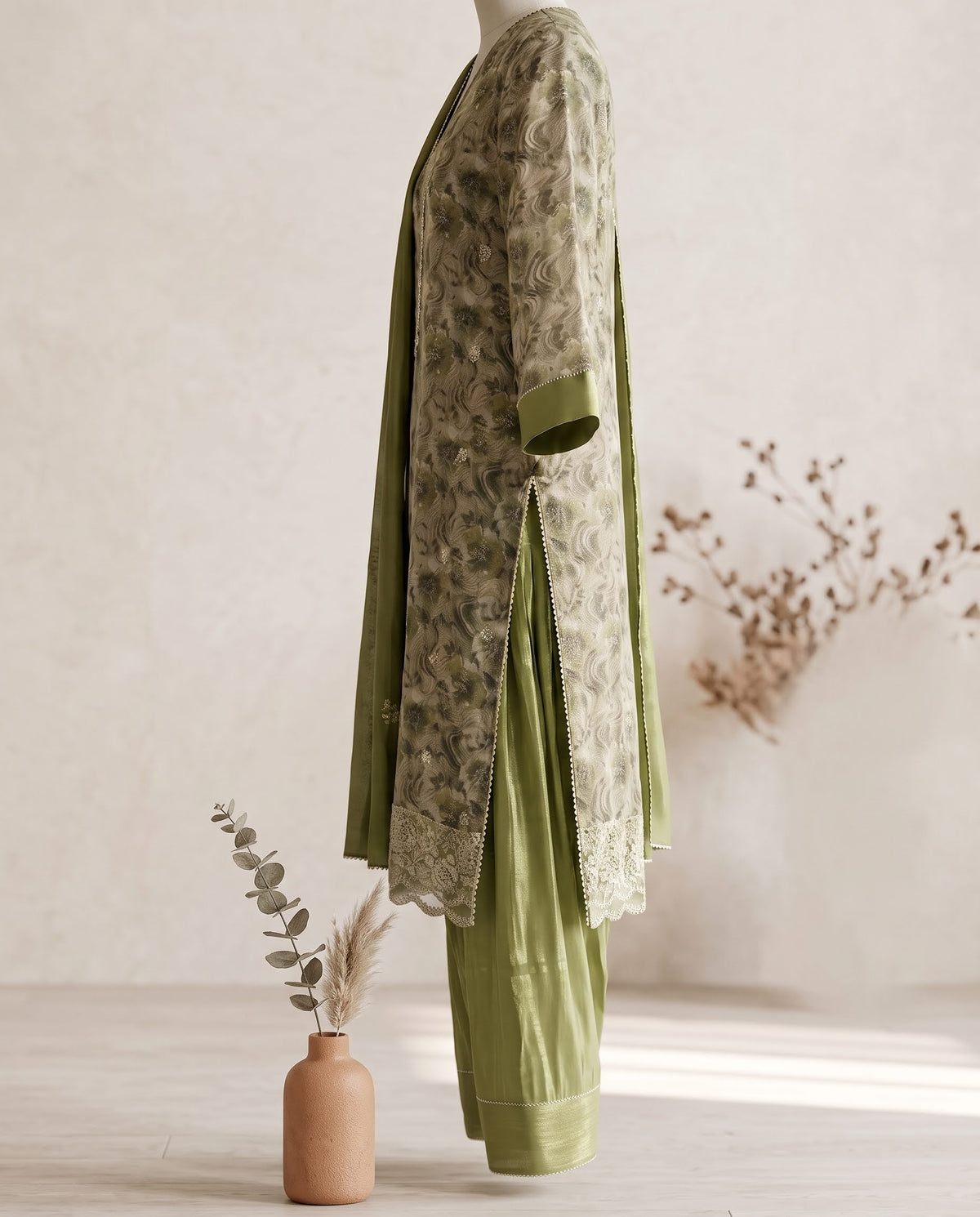 Mehndi Green Printed Embroidered Organza Suit with Dupatta - Farsi Salwar
