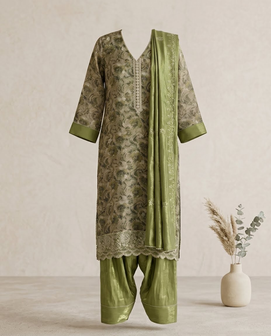 Mehndi Green Printed Embroidered Organza Suit with Dupatta - Farsi Salwar