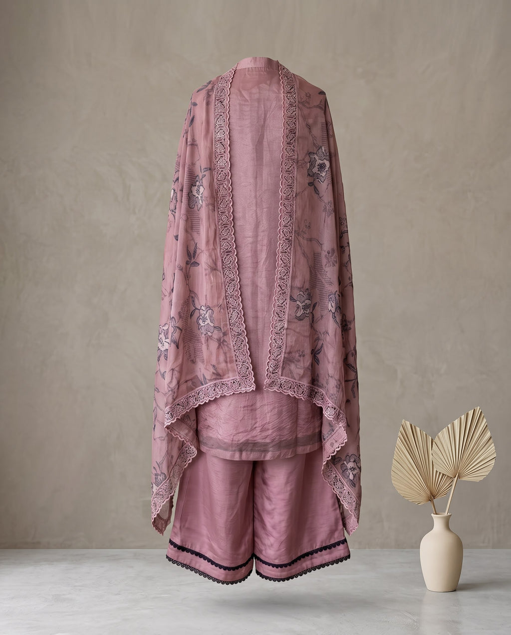 Onion Pink Organza With Black Embroidery Suit - Wide-Legged Palazzo