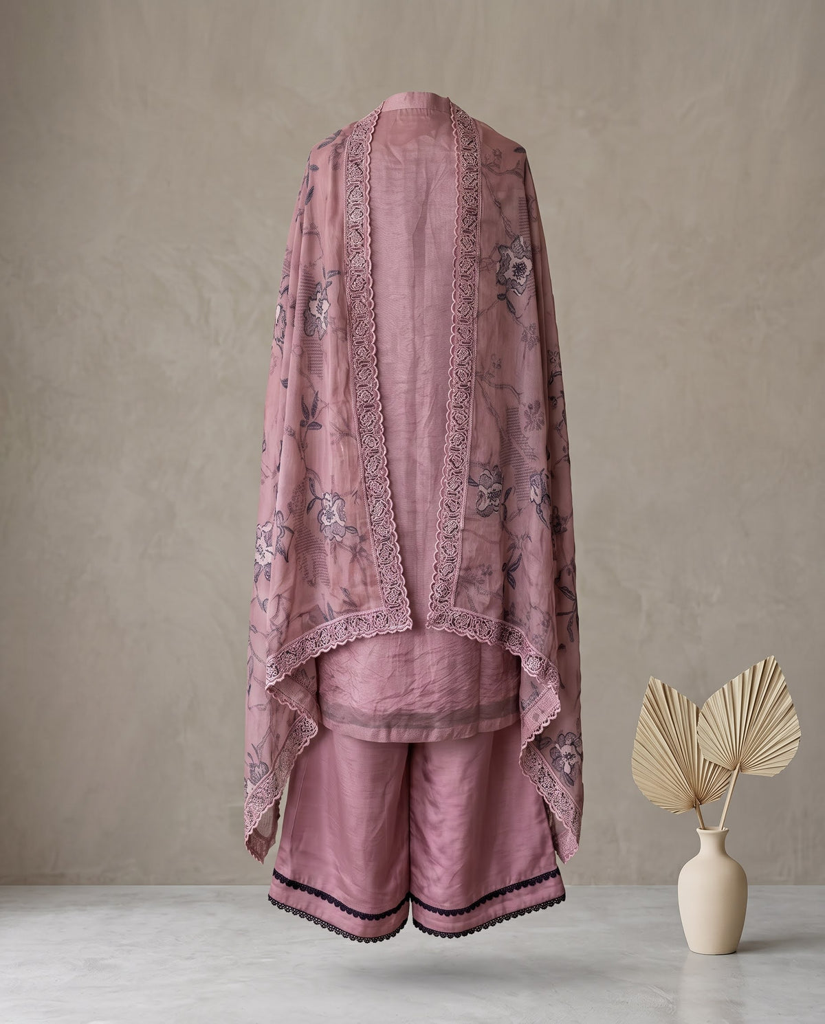 Onion Pink Organza With Black Embroidery Suit - Wide-Legged Palazzo