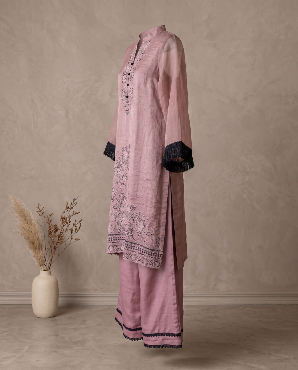 Onion Pink Organza With Black Embroidery Suit - Wide-Legged Palazzo