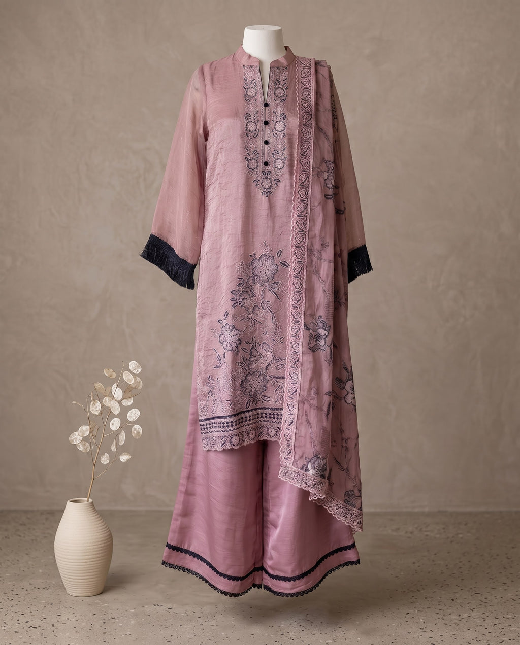 Onion Pink Organza With Black Embroidery Suit - Wide-Legged Palazzo
