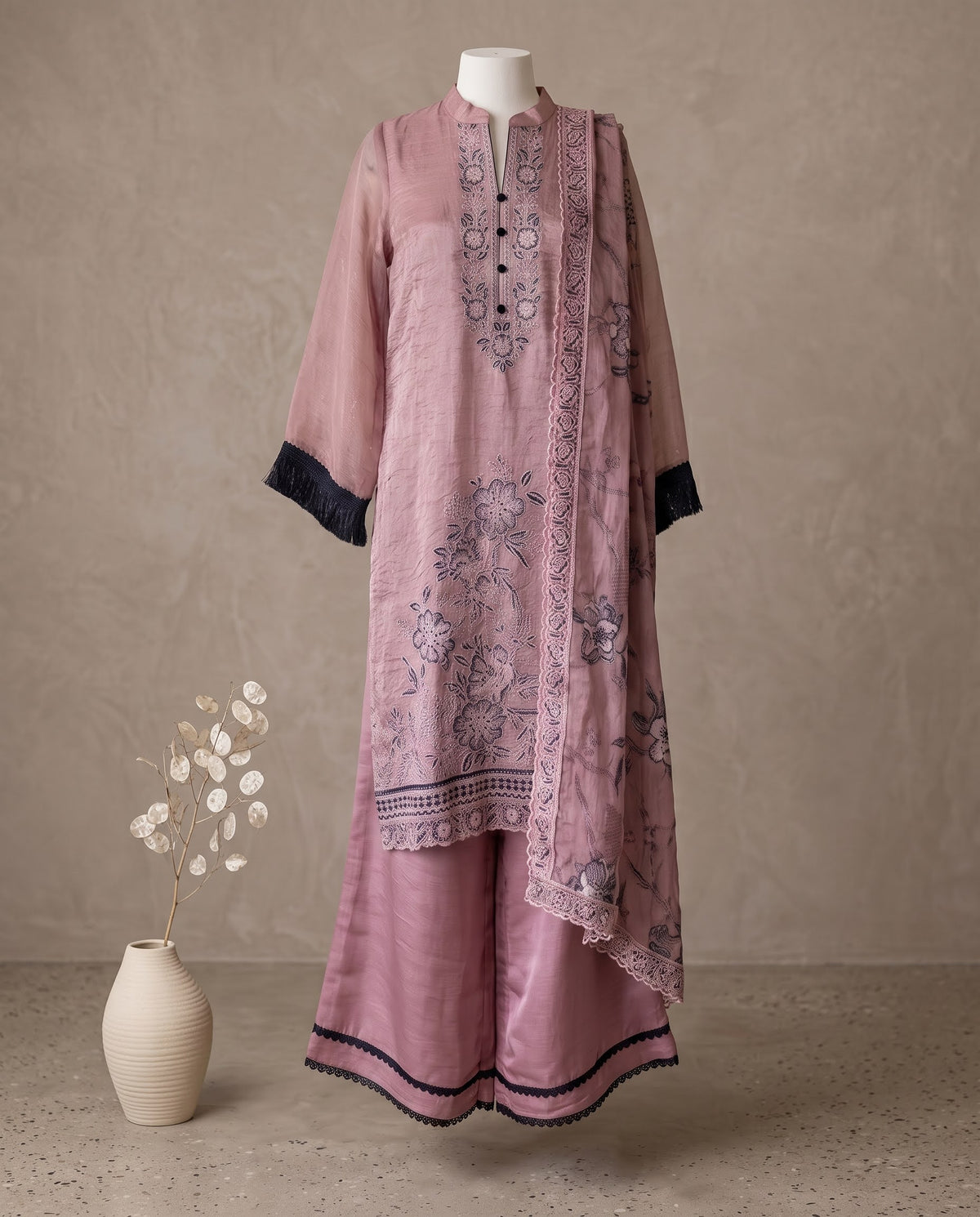 Onion Pink Organza With Black Embroidery Suit - Wide-Legged Palazzo
