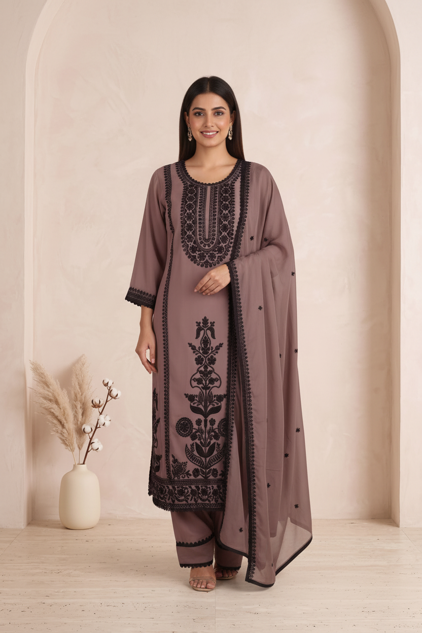 Brown Soft Organza Suit With Dupatta – Farsi Salwar