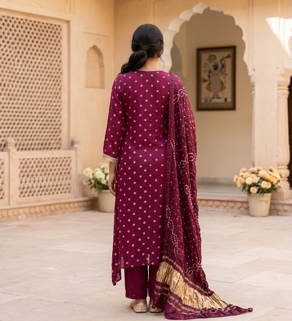Magenta Modal Silk Kurti With Mirror Work & Bandhini Dupatta