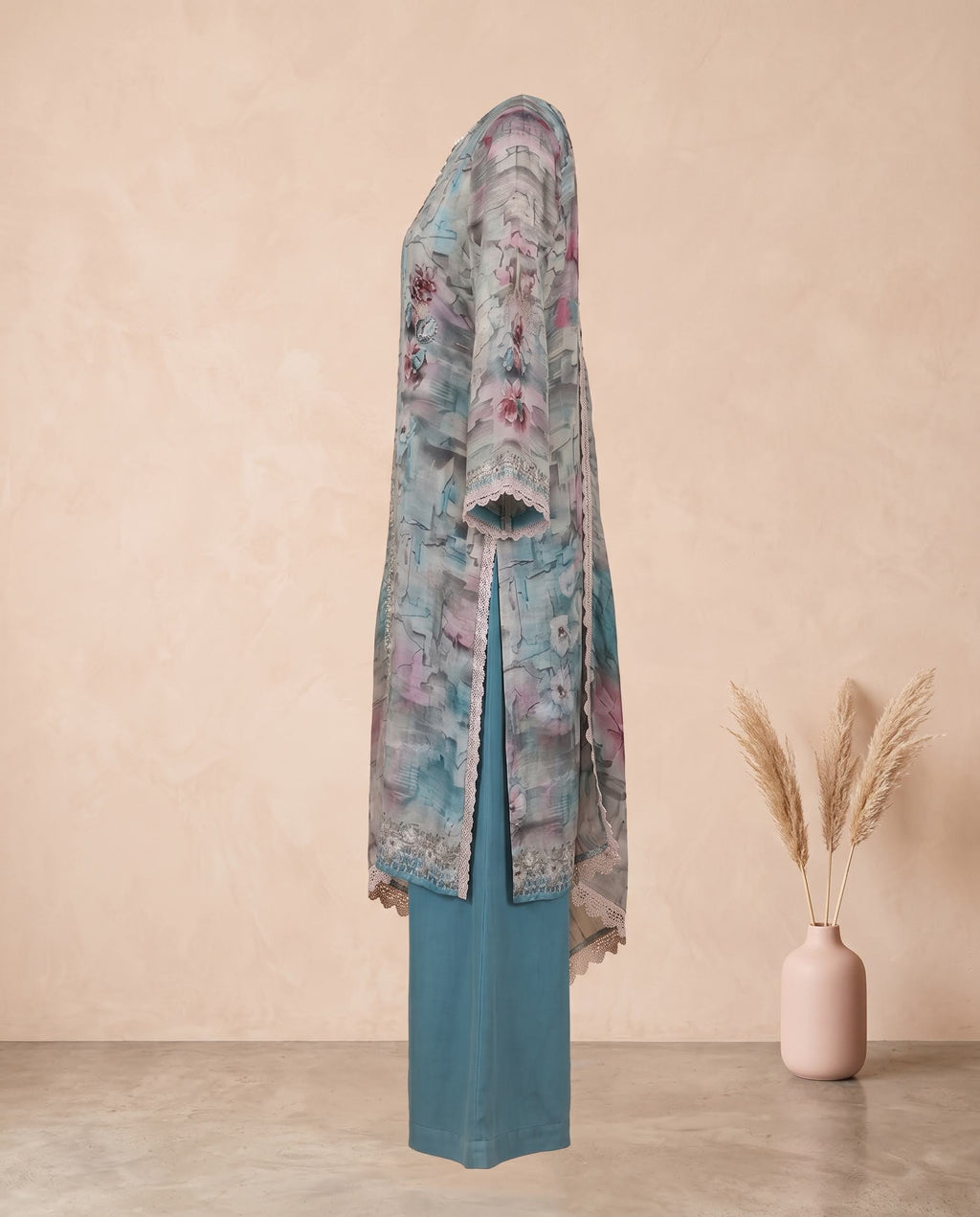 Teal Blue Kora Silk Printed Set with Dupatta - Flare Palazzo