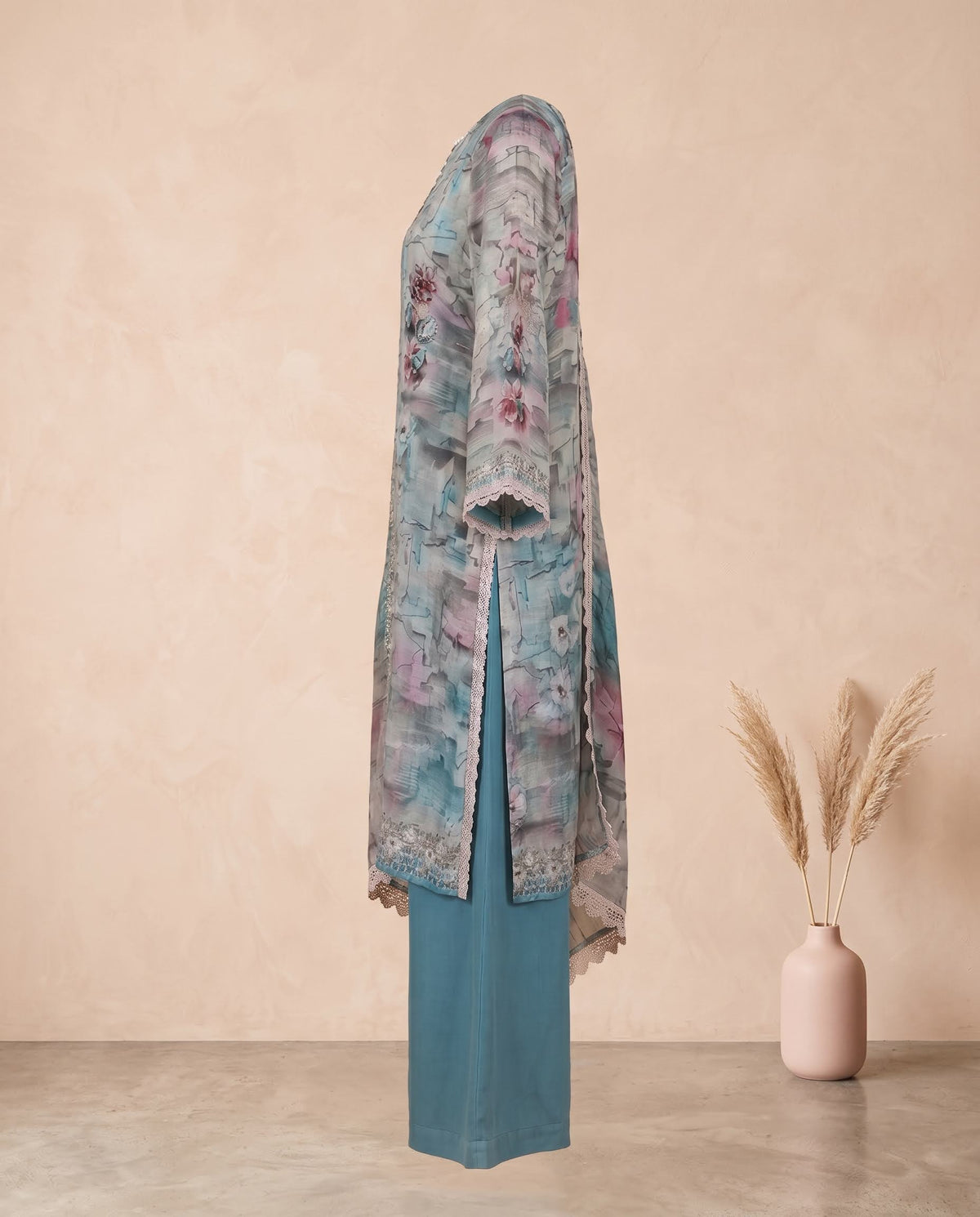 Teal Blue Kora Silk Printed Set with Dupatta - Flare Palazzo