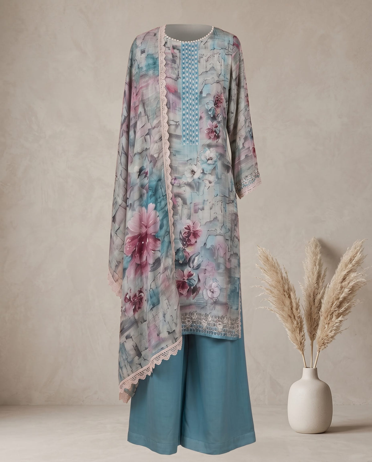 Teal Blue Kora Silk Printed Set with Dupatta - Flare Palazzo