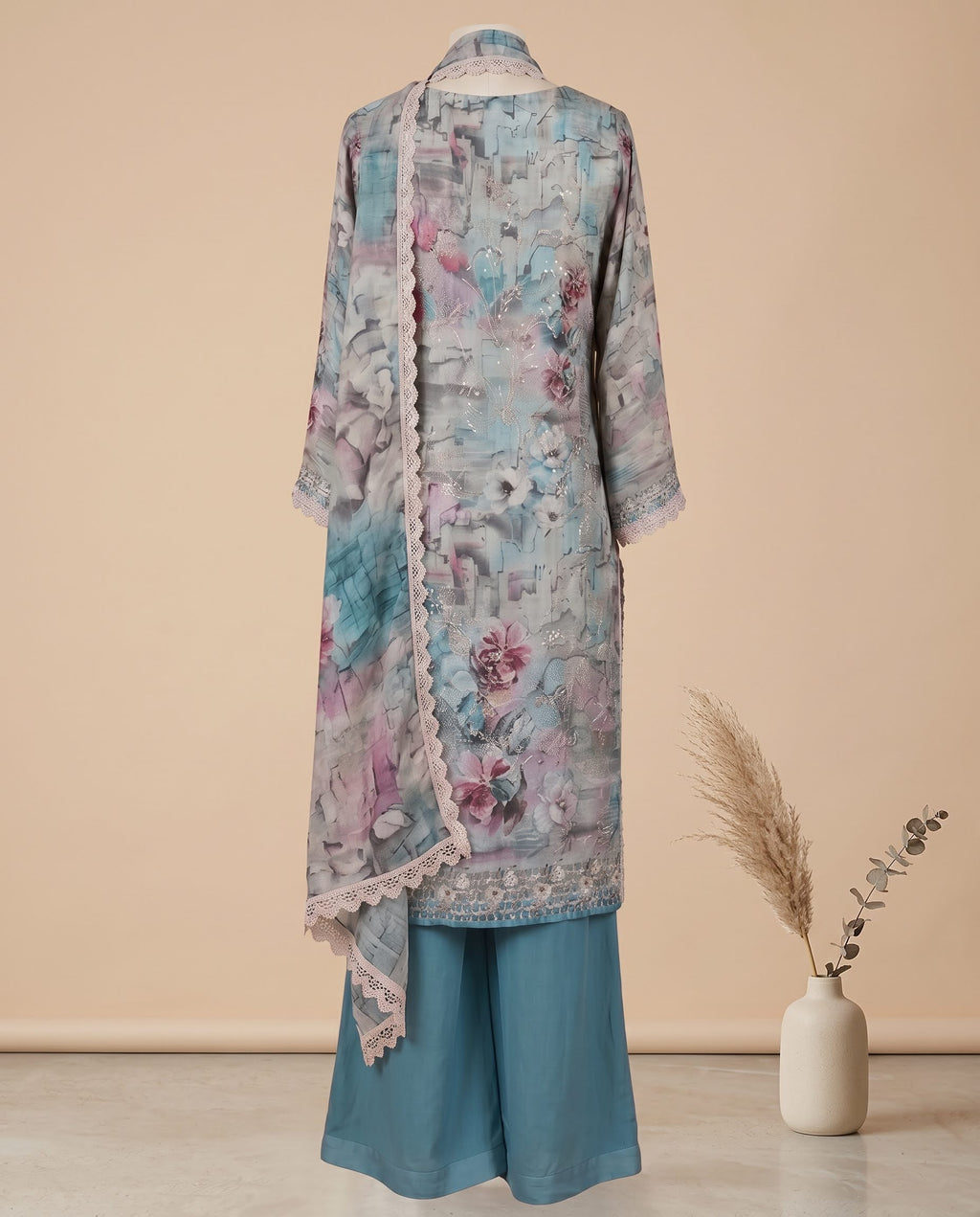 Teal Blue Kora Silk Printed Set with Dupatta - Flare Palazzo