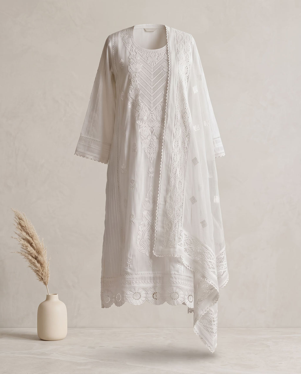 White Kota Doria Kurti with Dupatta