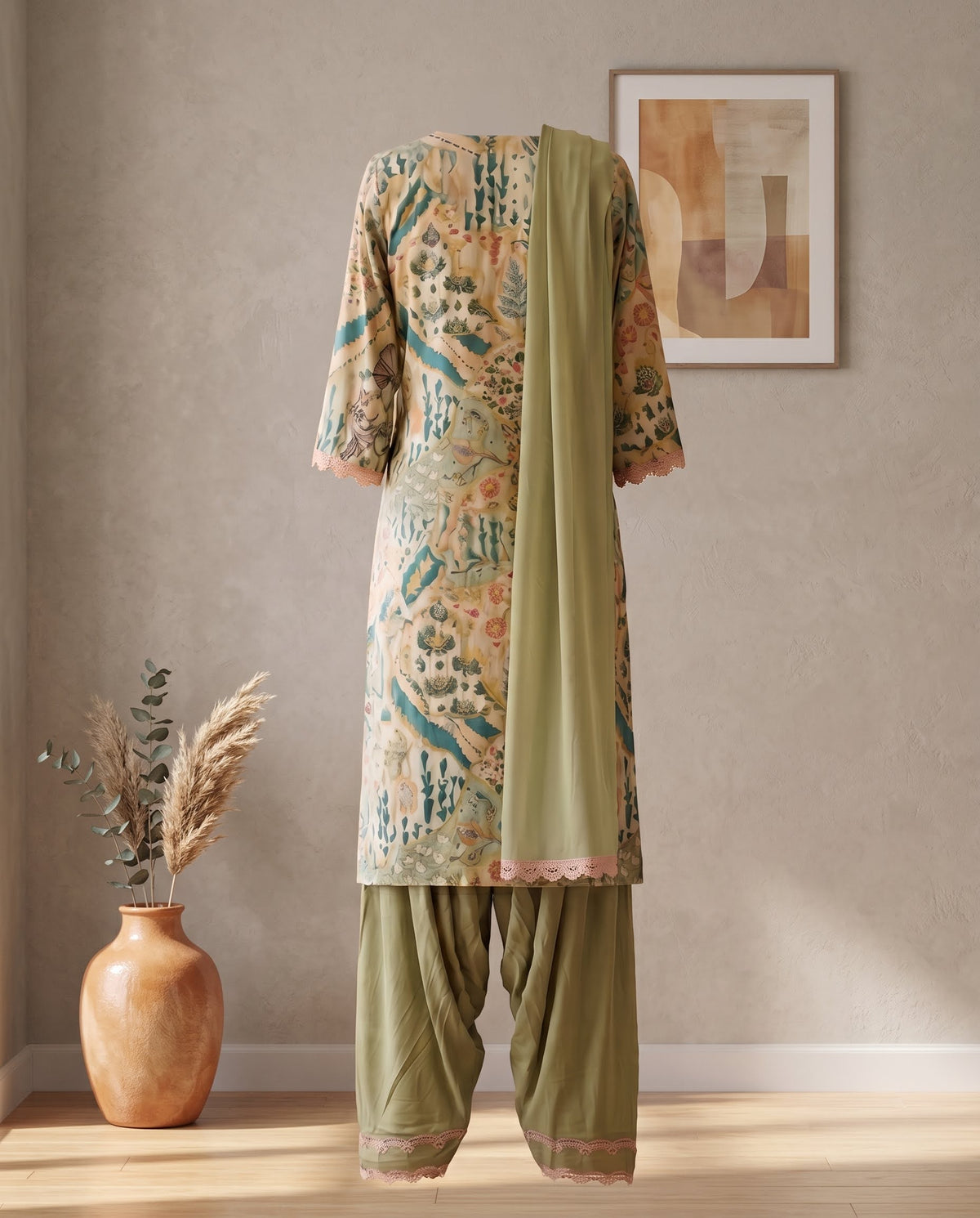 Pista Green Rayon,Faux Silk Printed Set with Dupatta - Farsi Salwar