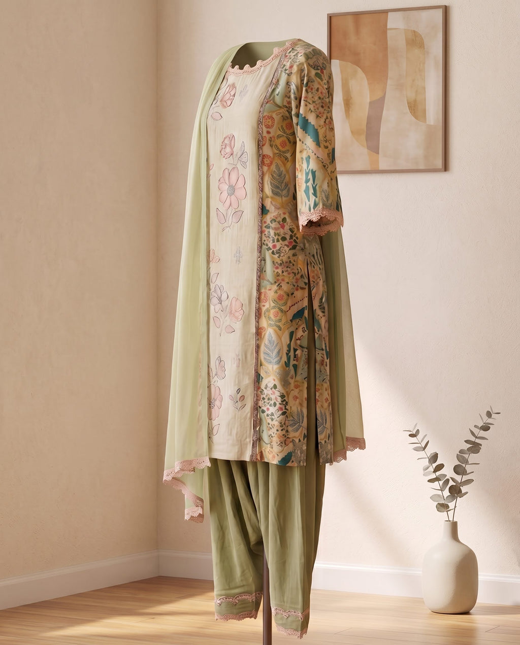 Pista Green Rayon,Faux Silk Printed Set with Dupatta - Farsi Salwar