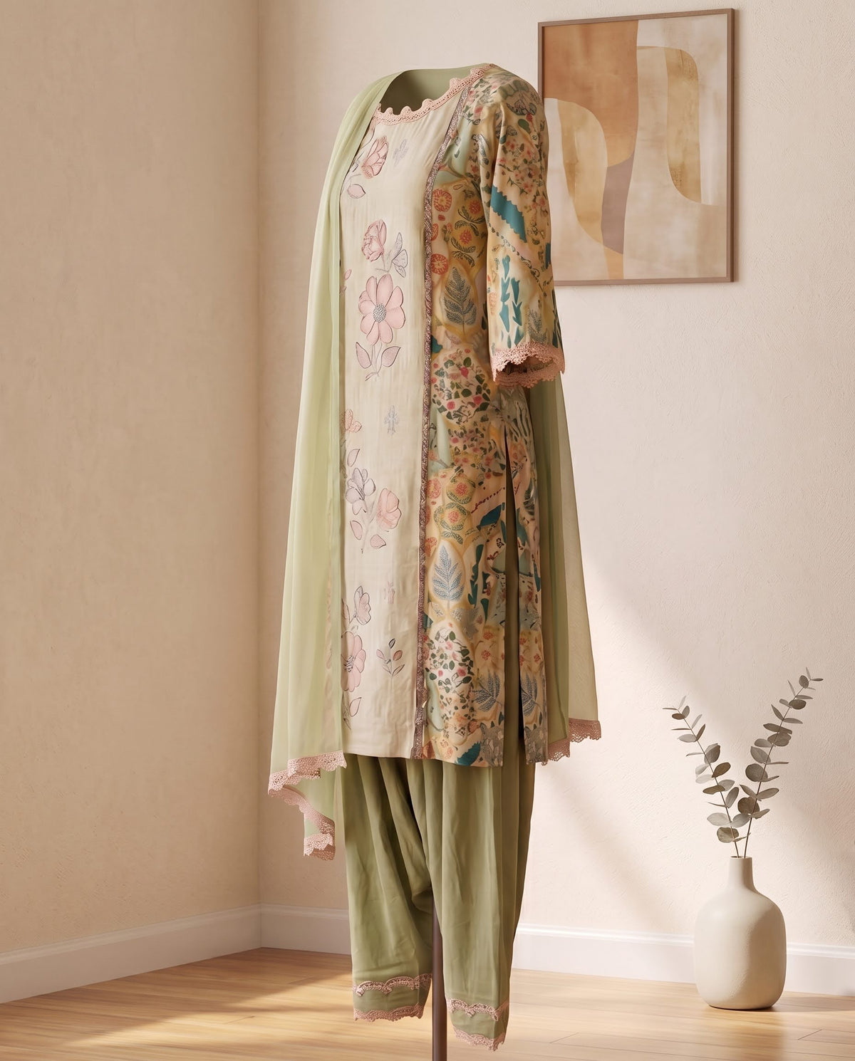 Pista Green Rayon,Faux Silk Printed Set with Dupatta - Farsi Salwar