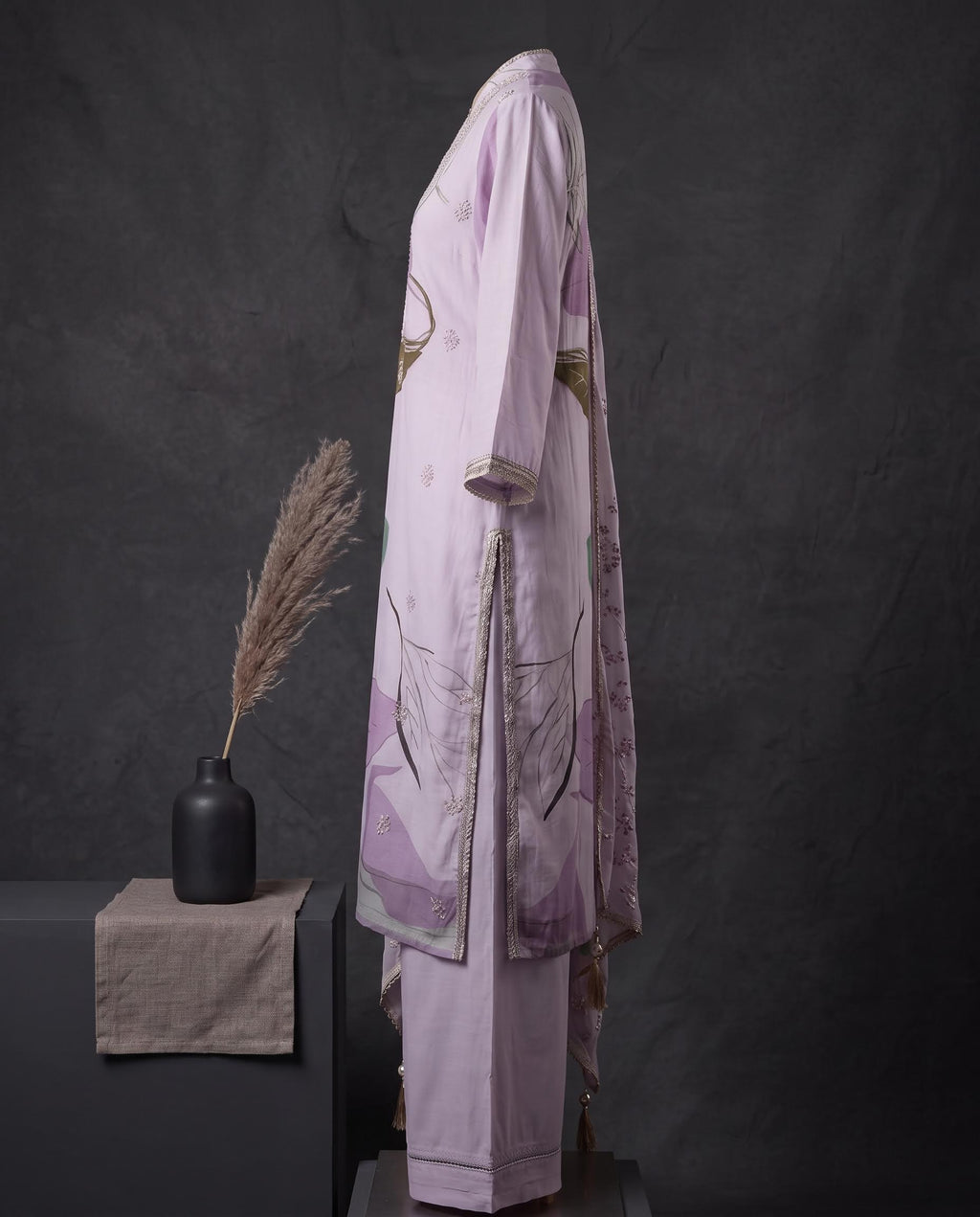 Lavender Printed And Embroidered Suit with Dupatta - Farsi Salwar