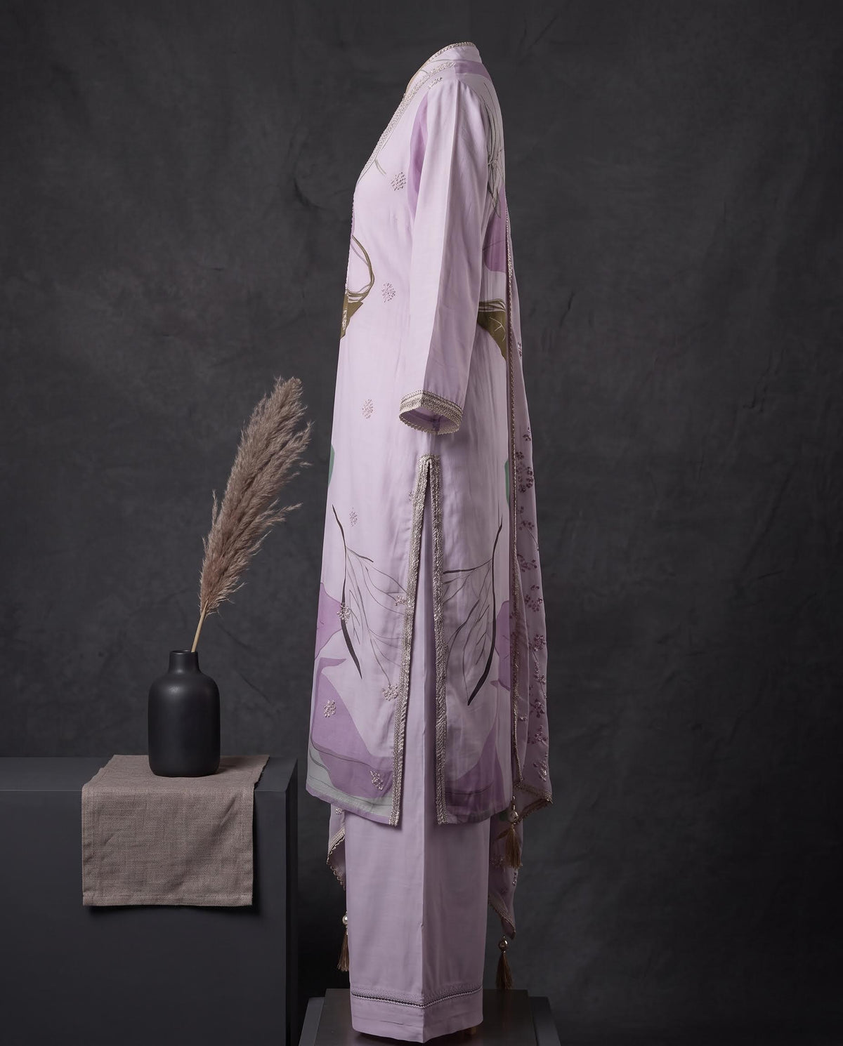 Lavender Printed And Embroidered Suit with Dupatta - Farsi Salwar