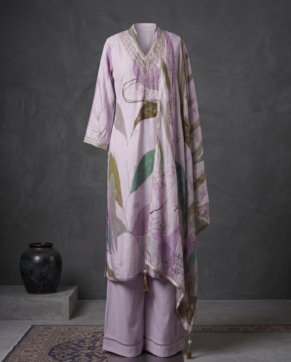 Lavender Printed And Embroidered Suit with Dupatta - Farsi Salwar