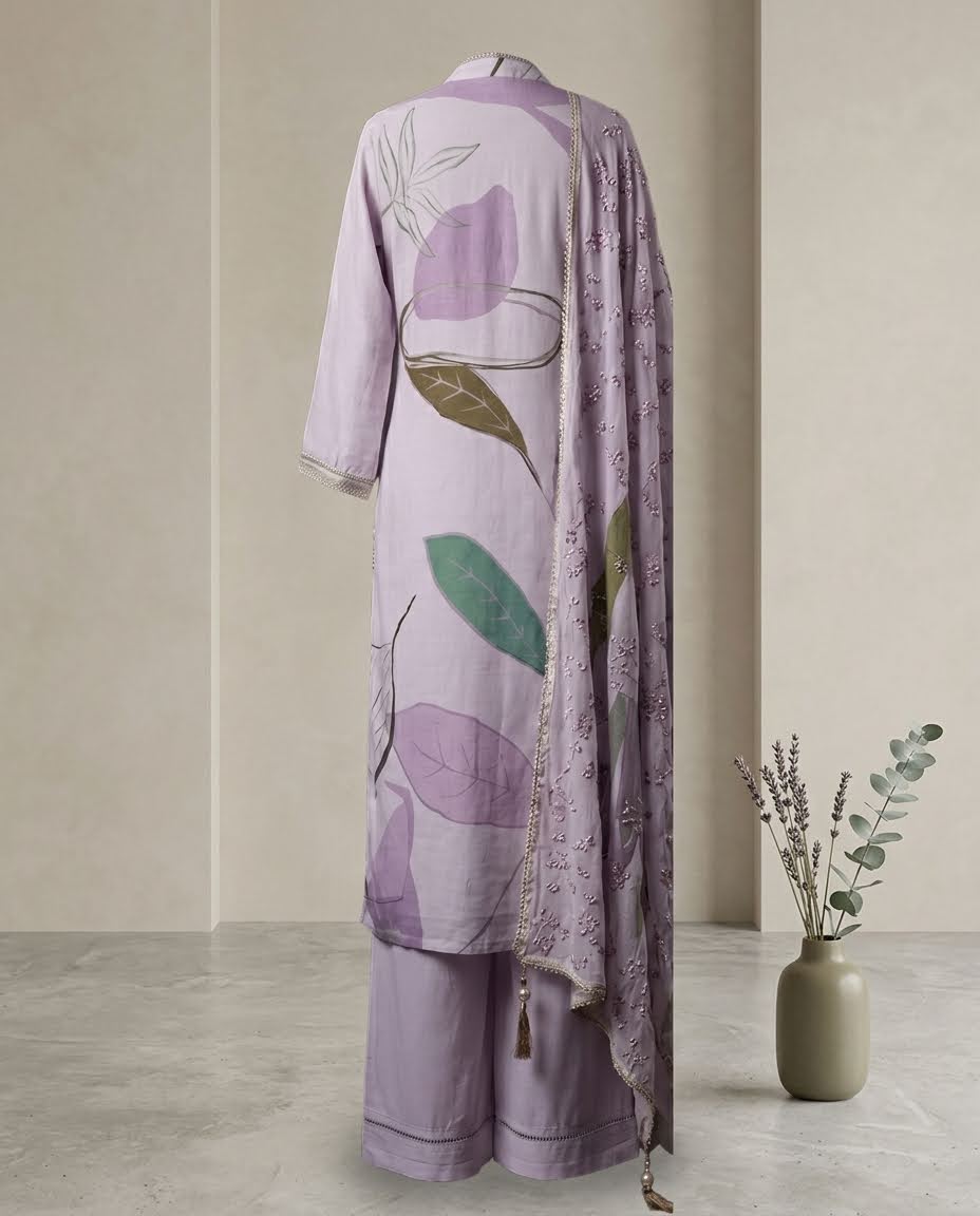 Lavender Printed And Embroidered Suit with Dupatta - Farsi Salwar
