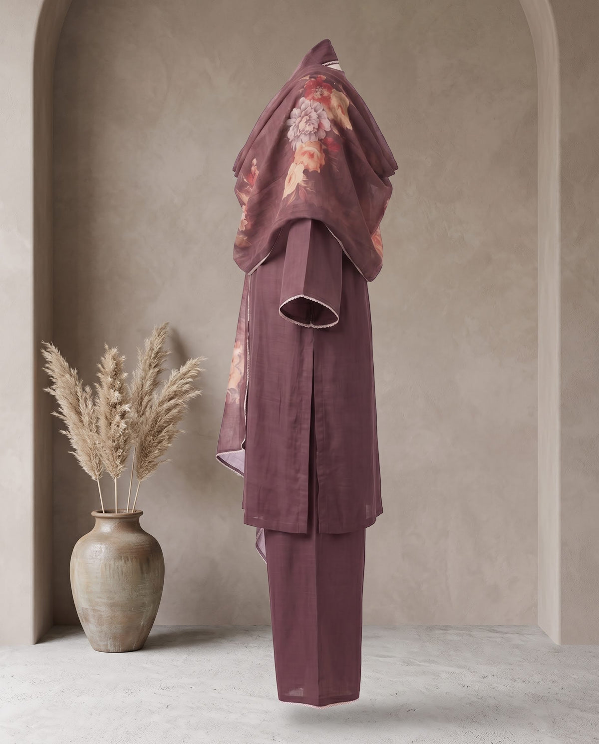 Maroon Applique Suit with Dupatta - Flare Palazzo