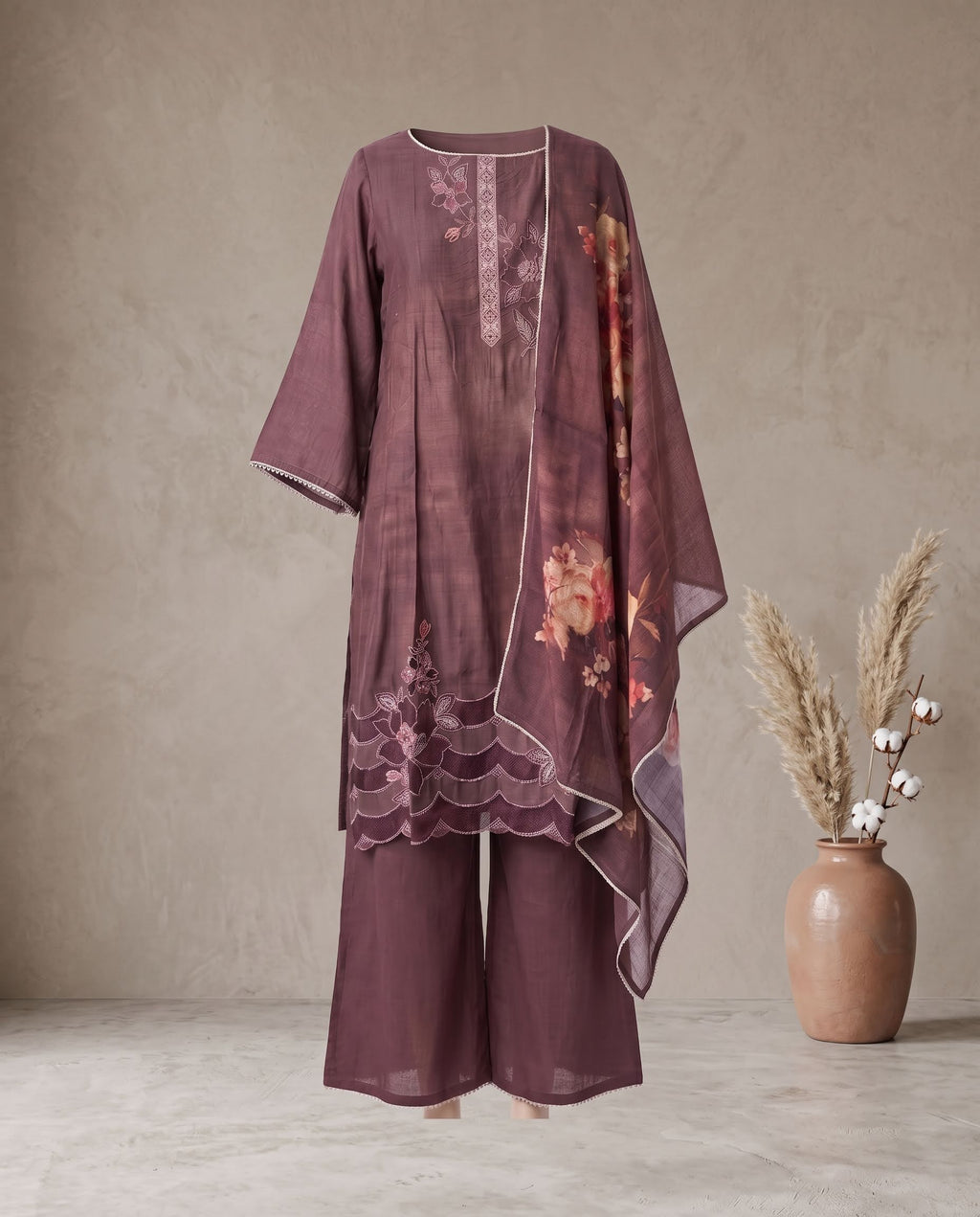 Maroon Applique Suit with Dupatta - Flare Palazzo
