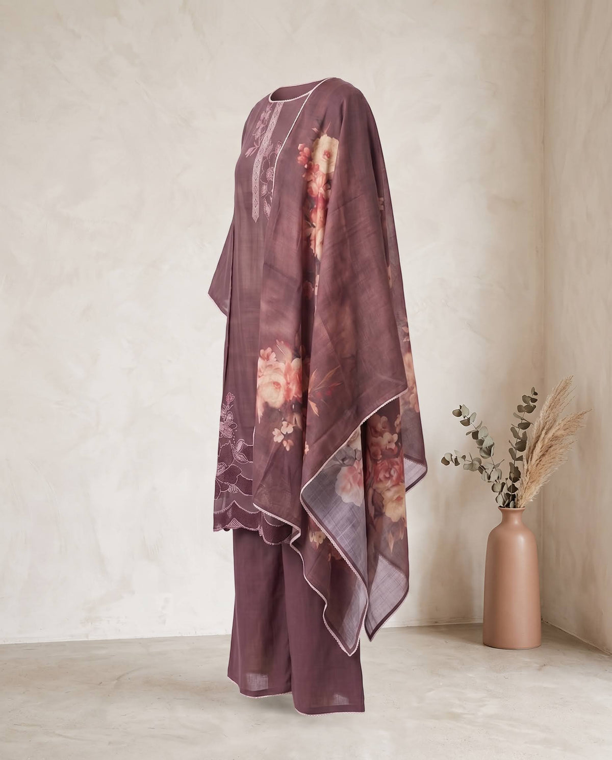 Maroon Applique Suit with Dupatta - Flare Palazzo