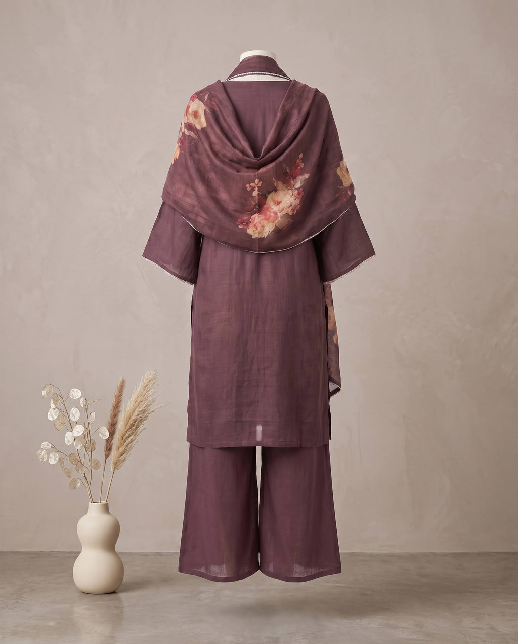 Maroon Applique Suit with Dupatta - Flare Palazzo