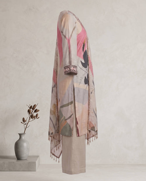Beige Printed and Kantha Work Suit with Dupatta - Wide Legged Palazzo