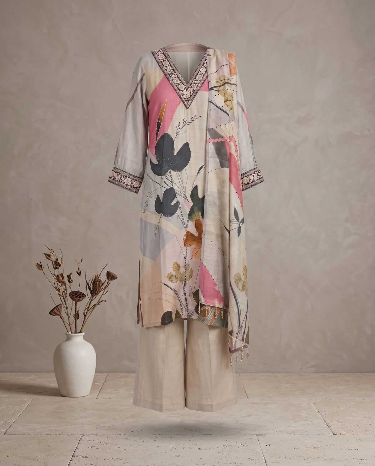 Beige Printed and Kantha Work Suit with Dupatta - Wide Legged Palazzo