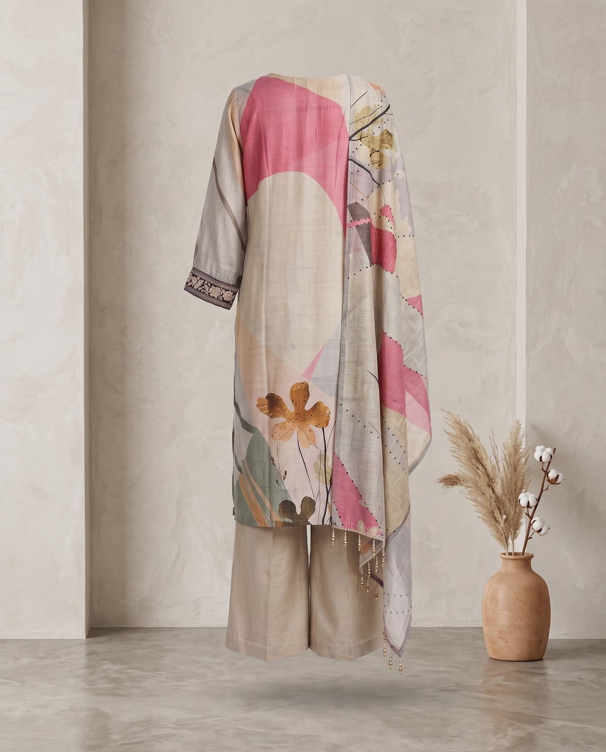 Beige Printed and Kantha Work Suit with Dupatta - Wide Legged Palazzo