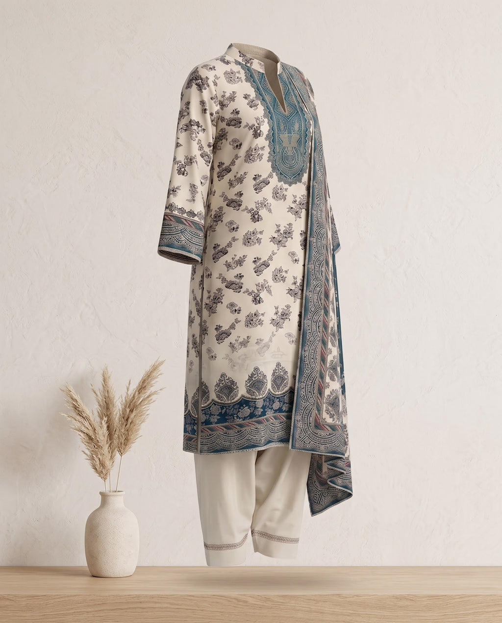 Off White & Bottle Green Rayon Suit With Dupatta - Farsi Salwar